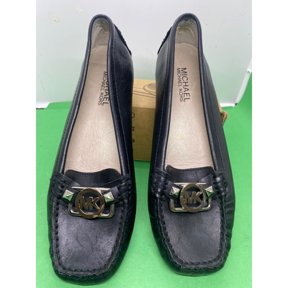 Michael Kors Lillian Loafer Womens 6 Black Leather Silver MK Logo Buckle Flat